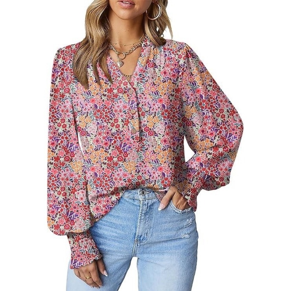 Dokotoo Women's V Neck Floral Print Long Sleeve Blouses Button Down Shirts Top